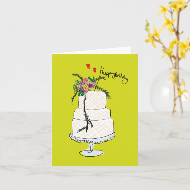 Cake Doodle Illustration Happy Birthday Card Karte (Gelbe Blume)