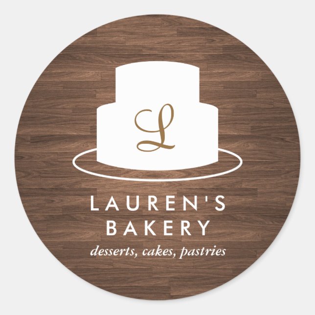 Cake Monogram Logo in Weiß auf Braunholz Runder Aufkleber (Vorderseite)