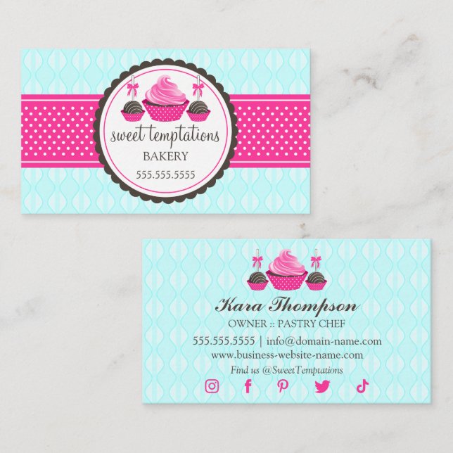 Cake Pops und Cupcake Aqua Pink Visitenkarte (Vorne/Hinten)