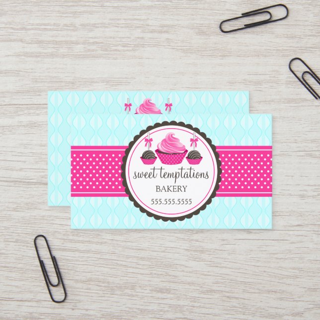Cake Pops und Cupcake Aqua Pink Visitenkarte (Vorderseite/Rückseite Beispiel)