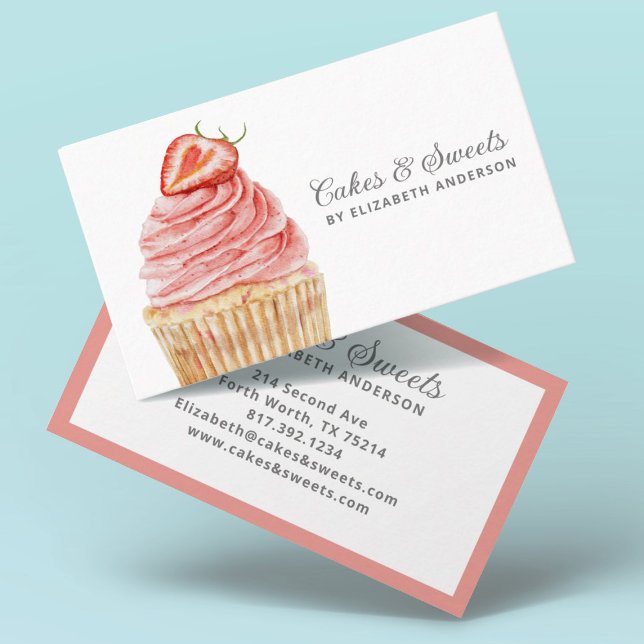 Cakes & Süßigkeiten Cupcake Bäckerei Konditorei Ko Visitenkarte (A pretty and modern cupcake bakery business card featuring a strawberry cupcake)