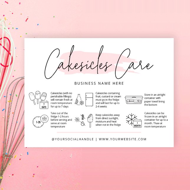 Cakesicles Care Instructions Light Pink Watercolor Visitenkarte (Feminine cakesicles care guide with icons, space for your bakery logo and thank you message)