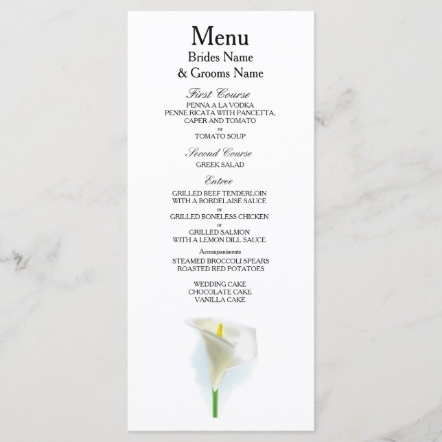 Cala Lily Moderne einfache Hochzeitsvorstellungen Menükarte (Vorderseite)