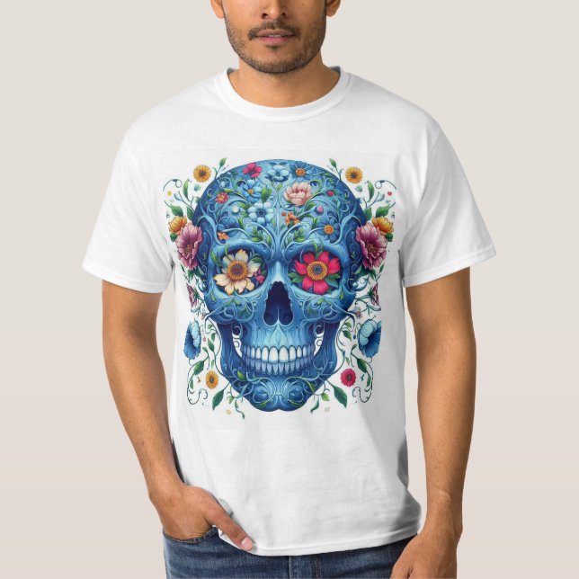 Calavera azul con flores T-Shirt (Vorderseite)