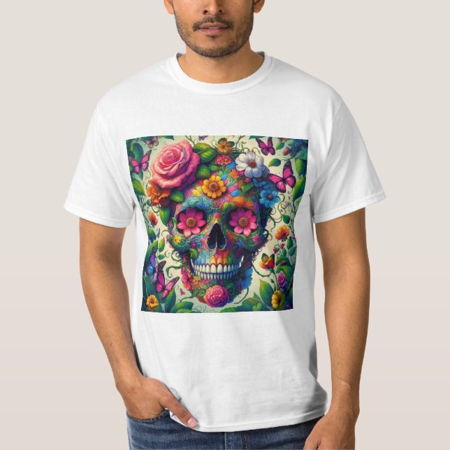 Calavera Azul Floral: Estilo Vibrante T-Shirt (Vorderseite)
