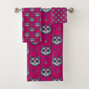 Calavera Cat Art Pattern Badhandtuch Set