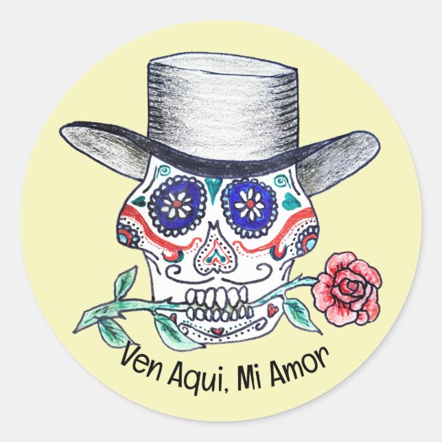 Calavera Rose Halloween Runder Aufkleber (Vorderseite)
