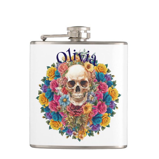 Calavera y flores Petaca de vinilo Flachmann (Vorderseite)