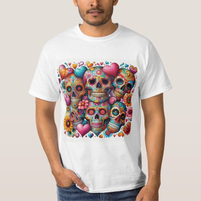 Calaveras Mexicanas con Corazones y Flores T-Shirt (Vorderseite)