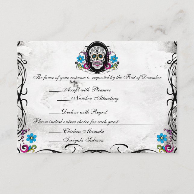 Calaveras Sugar Skull & Schnörkel Empfang Card Begleitkarte (Vorderseite)