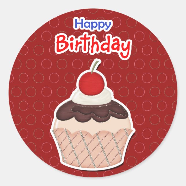 Calcomanía,- Cupcake -, Happy Birthday Runder Aufkleber (Vorderseite)
