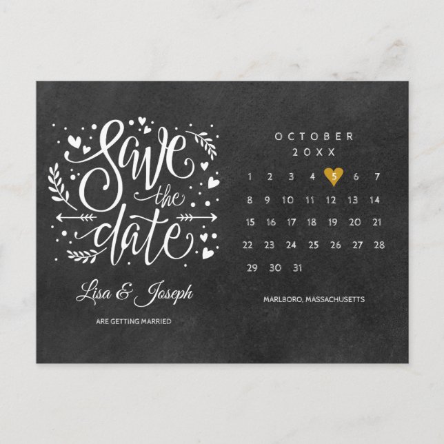 Calendar Chalkboard Gold Herz Ankündigungspostkarte (Vorderseite)