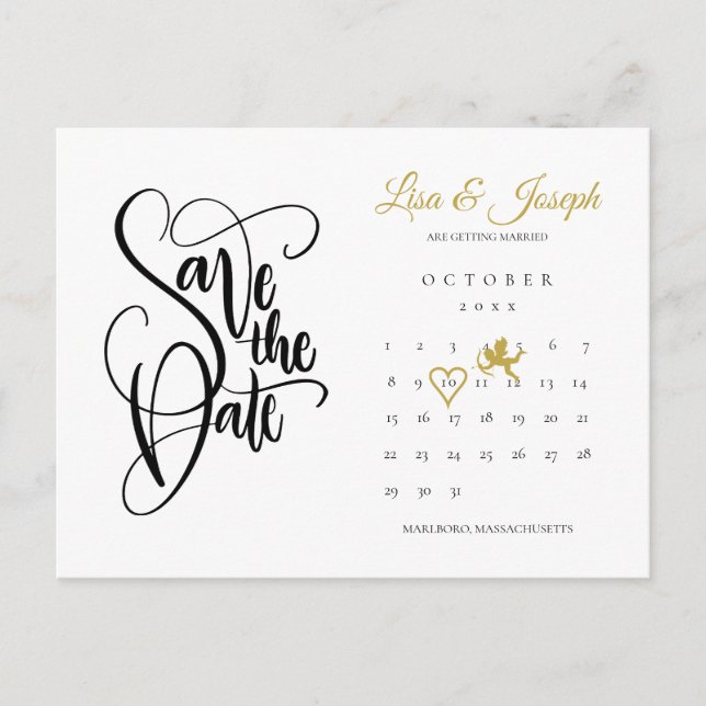 Calendar Cupid Gold Liebe Herz Save the Date Ankündigungspostkarte (Vorderseite)