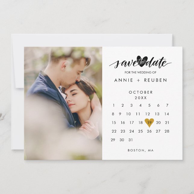 Calendar Foto Goldenes Herz Hochzeit Einladung (Vorderseite)