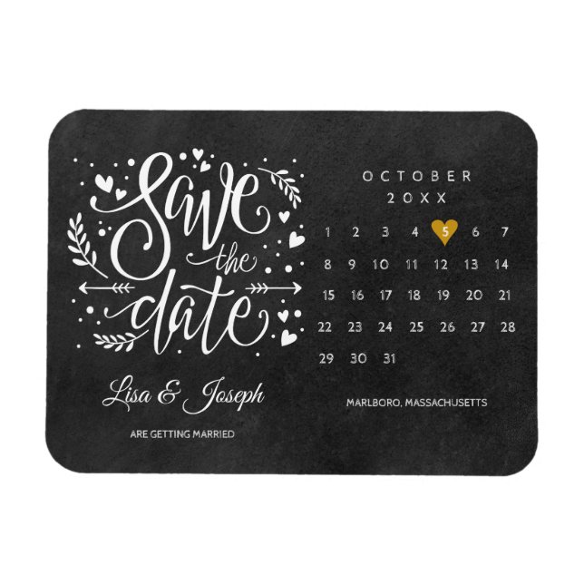 Calendar Gold Heart Chalkboard Save the Date Magnet (Horizontal)