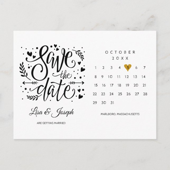 Calendar Gold Heart Save the Date Postkarte (Vorderseite)