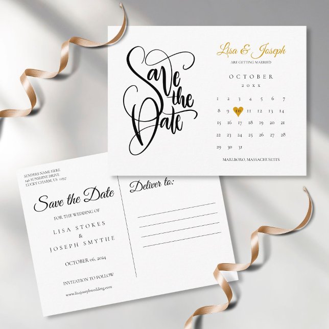 Calendar Script Gold Herzstück Save the Date Postk Postkarte (Von Creator hochgeladen)
