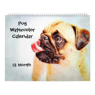 Calendrier 12 Mois Carlin mignonne Chiens Animaux Aquarelle A