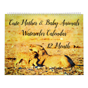 Calendrier 12 Mois Mère Bébé Animal Aquarelle Peinture