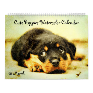 Calendrier 12 Mois Mignonne Chien bébé Aquarelle Peinture