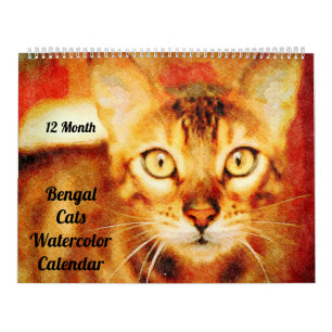 Calendrier 12 Mois Superbe Bengale Chats aquarelle Peinture