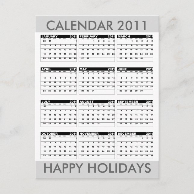 Calendrier 2011 Happy Holidays Carte Postale Grey (Devant)