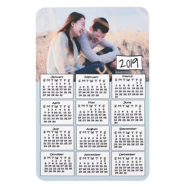 Calendrier 2019 Magnet photo bleu personnalisé (Vertical)