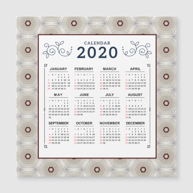 Calendrier 2020 Année Rouge Blanc Motif Magnet (Devant)