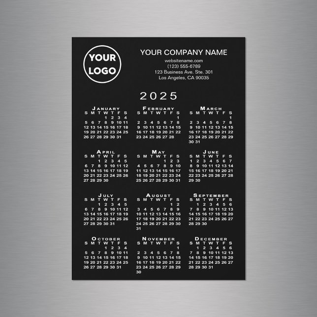 Calendrier 2025 - Logo d'entreprise Texte Carte ma (2025 Calendar Business Logo Text Black Magnet Card in situ)