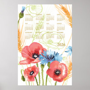 Calendrier 2026 Affiche Aquarelle Pavot