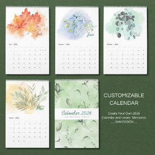 Calendrier 2026 des feuilles à l'aquarelle Natur