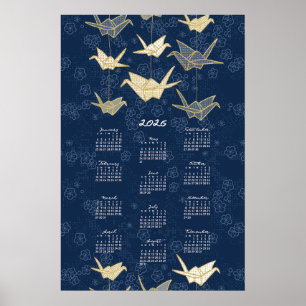 Calendrier 2026 Poster Grues Origami Bleu et Or