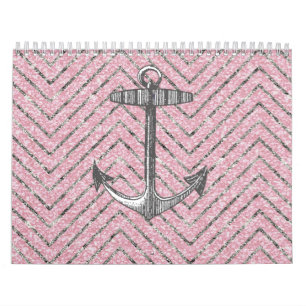 Calendrier Ancre argentée rose Girly de motif de Chevron de
