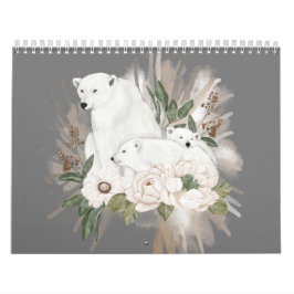 Calendrier Animaux sauvages Gris Floral Aquarelle d'hiver
