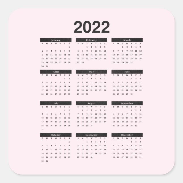 Calendrier annuel 2022 sur Sticker Carré rose pâle (Devant)