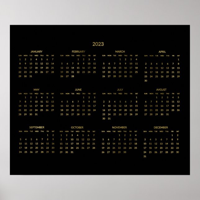 Calendrier annuel 2023 Affiche Noir et Or Faux (Devant)