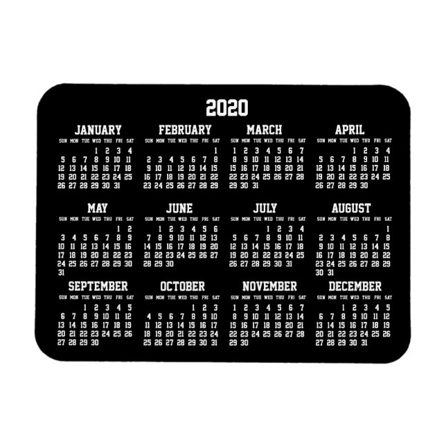 Calendrier annuel noir 2020 petits Magnets flexibl (Horizontal)