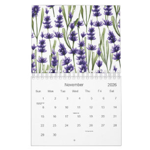 Calendrier Aquarelle Purple Lavender Flowers 2026