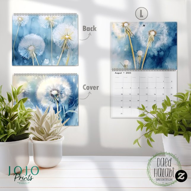 Calendrier arrière - plan Vintage Dandelion 2025 (Calendar 2025 Dandelion Flower Background - large)