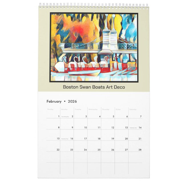 Calendrier Art déco Bateaux à cygne Boston (Feb 2026)