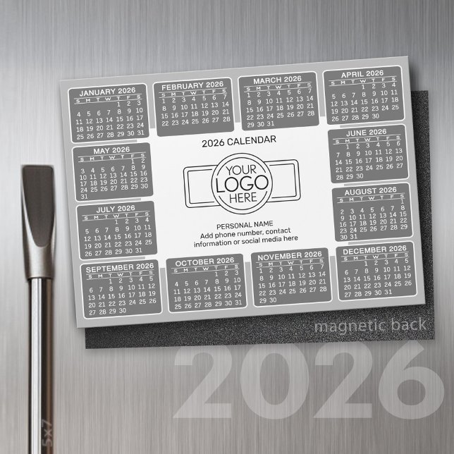 Calendrier avec logo Coordonnées Gray Magnet (2026 Calendar with a Place for your logo - Hand Out To Clients as a Thank You Gift!)