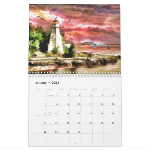 Calendrier Beau coucher de soleil rose Nautique phare côtier