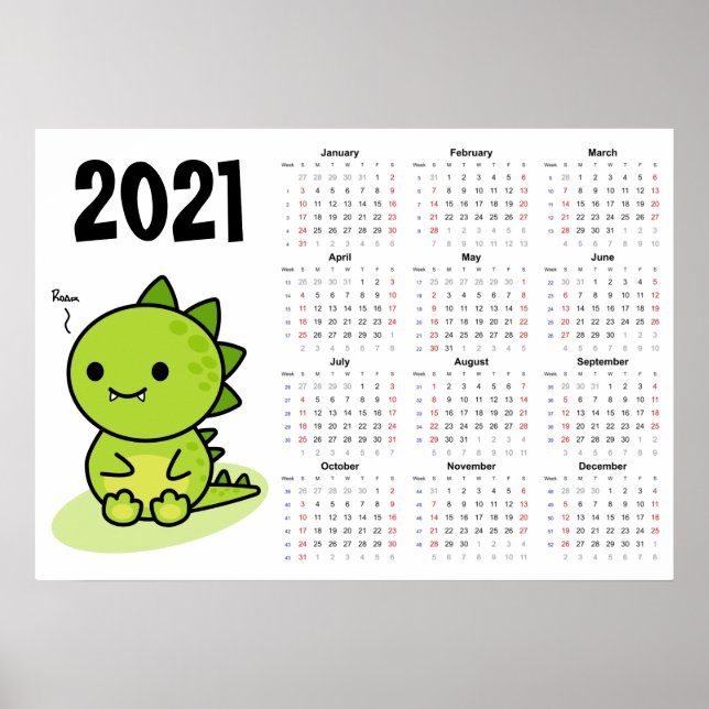 Calendrier bébé dragon 2021 Poster - début dimanch (Devant)
