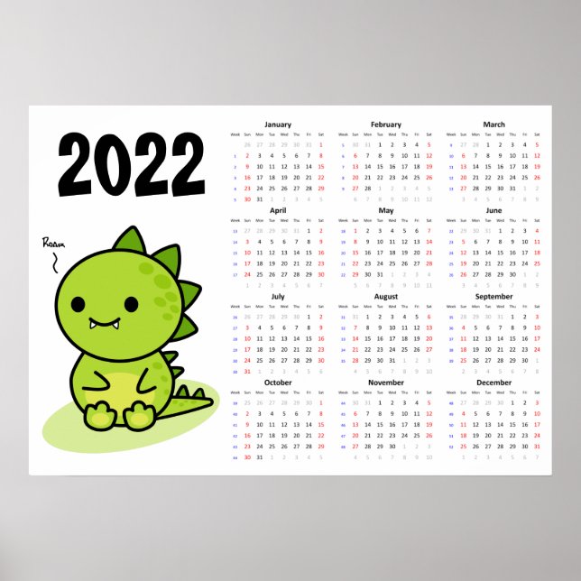 Calendrier bébé dragon 2022 Poster - Début dimanch (Devant)