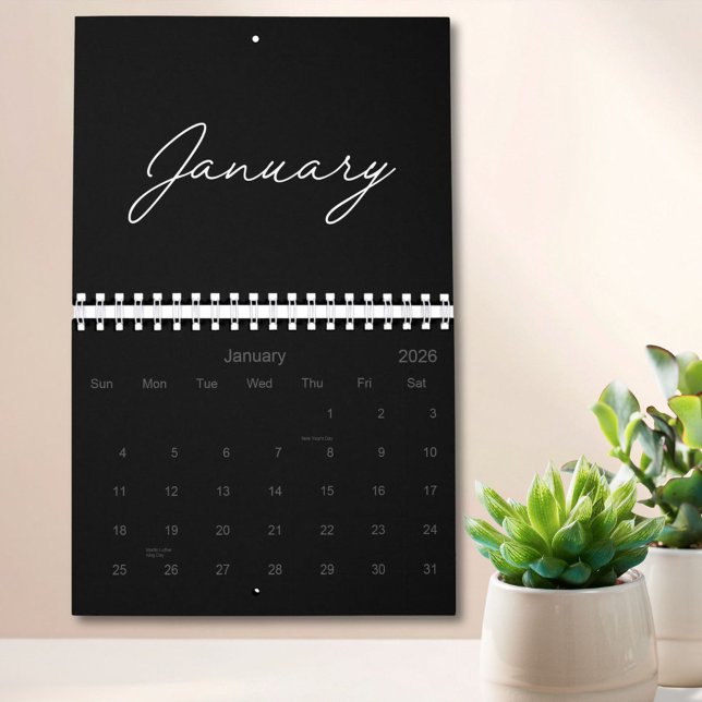 Calendrier Black and White Elegant Modern Script 2026 (In situ)
