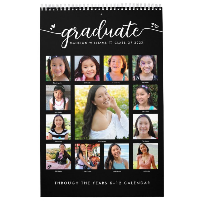 Calendrier Black Graduate K-12 Script Photo Collage 15 Mois (Protection)