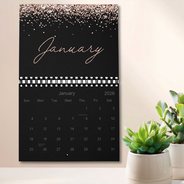 Calendrier Black Rose Gold Glitter Elegant Modern Script 2026 (In situ)