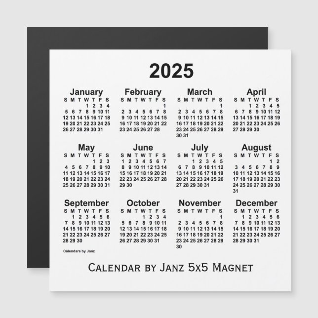 Calendrier blanc 2025 par Janz 5x5 Magnet (Devant / Derrière)