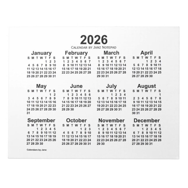Calendrier blanc 2026 par Janz 11x8.5 Bloc-notes (Devant)