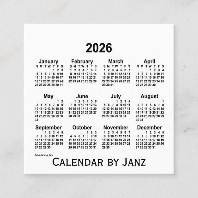 Calendrier blanc 2026 par Janz Carte de visite Car (Devant)
